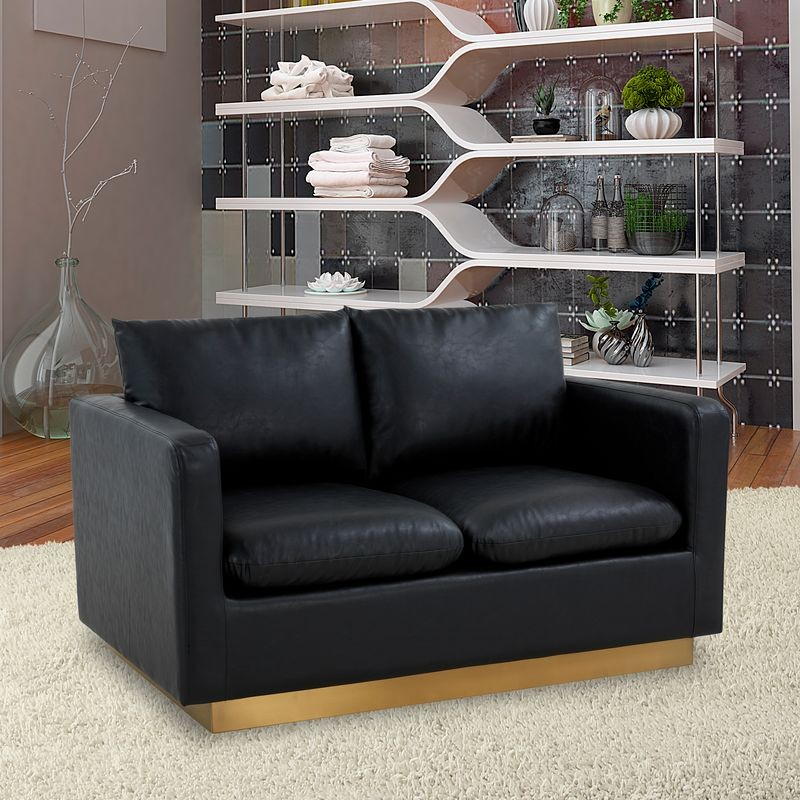 LeisureMod Nervo Modern Mid-Century Upholstered Faux Leather Loveseat with Gold Frame Black with Background.