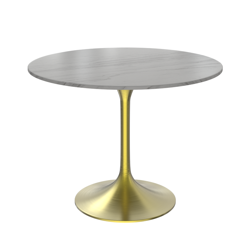 LeisureMod Verve Collection 36 Round Dining Table, Brushed Gold Base with Sintered Stone White Top