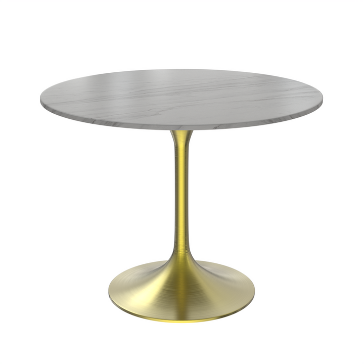 LeisureMod Verve Collection 36 Round Dining Table, Brushed Gold Base with Sintered Stone White Top