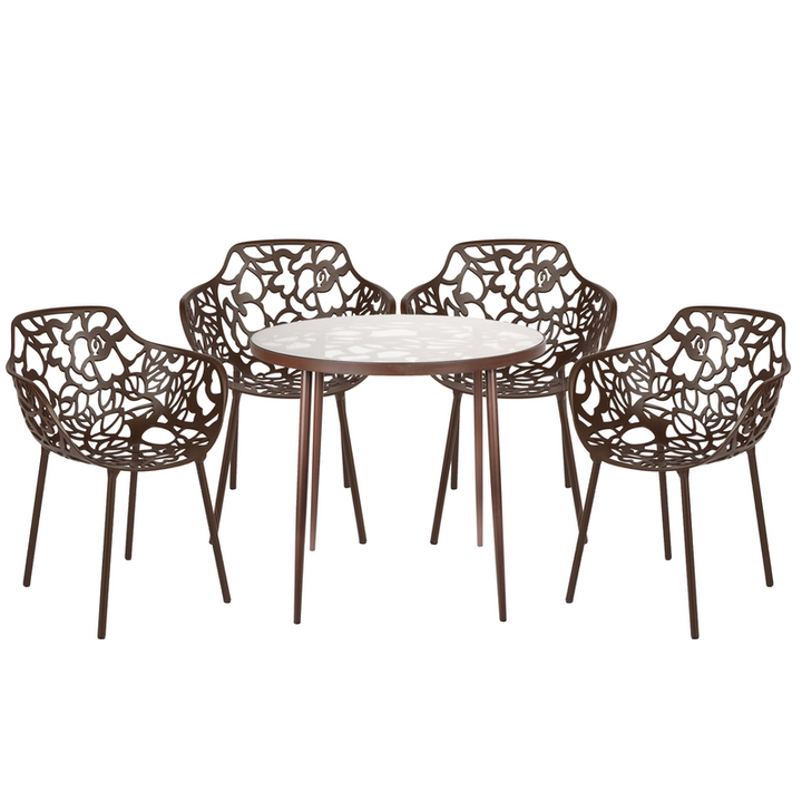 LeisureMod Devon Mid-Century Modern 5-Piece Aluminum Outdoor Patio Dining Set with Tempered Glass Top Table and 4 Stackable Flower Design Armchairs Brown