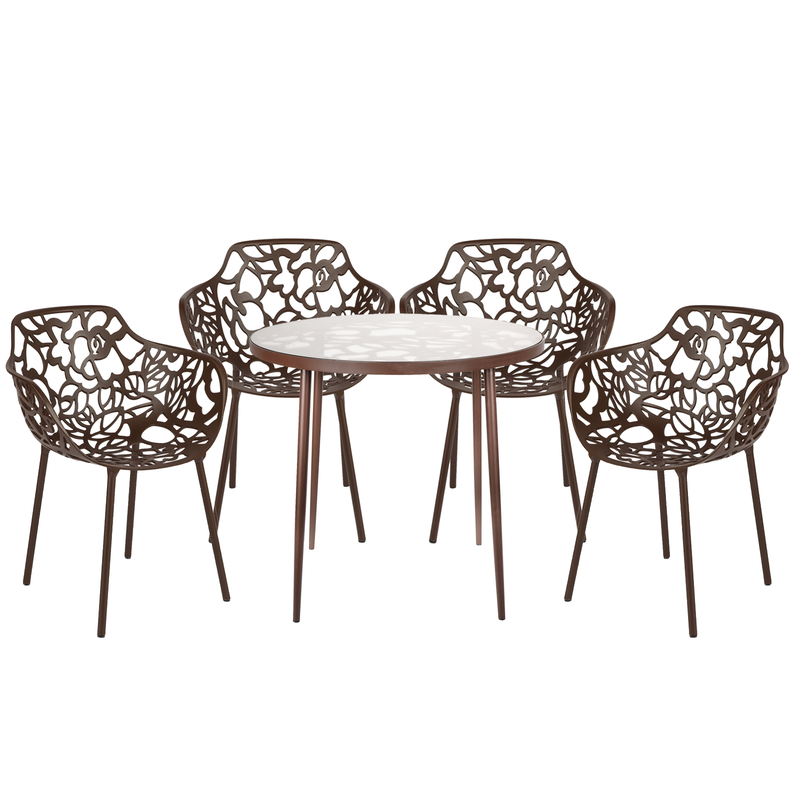 LeisureMod Devon Mid-Century Modern 5-Piece Aluminum Outdoor Patio Dining Set with Tempered Glass Top Table and 4 Stackable Flower Design Armchairs Brown