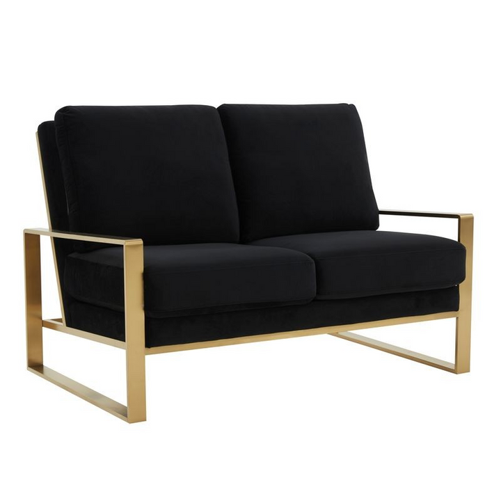Leisuremod Jefferson Contemporary Modern Velvet Loveseat with Gold Frame Black