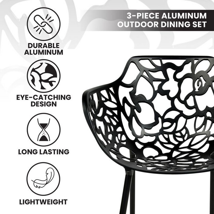 3-piece aluminum outdoor dining set with decorative design on a white background.