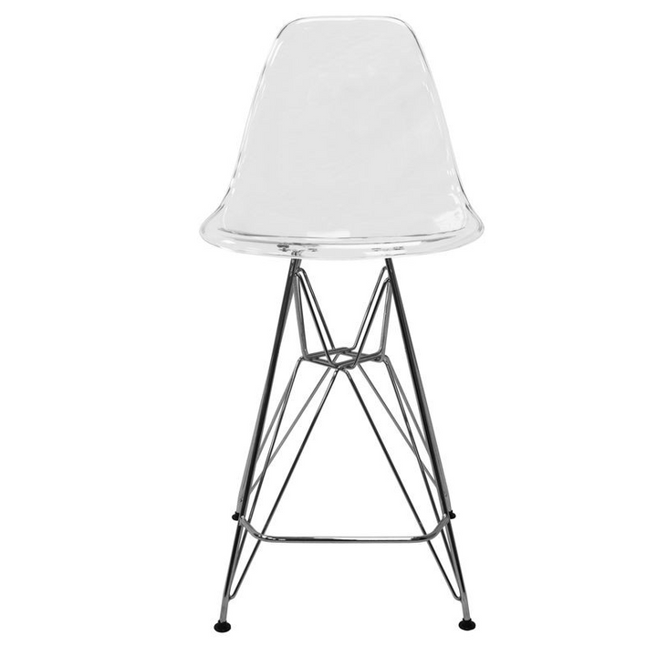 LeisureMod Cresco Modern Acrylic Barstool with Chrome Base and Footrest in Clear Front.