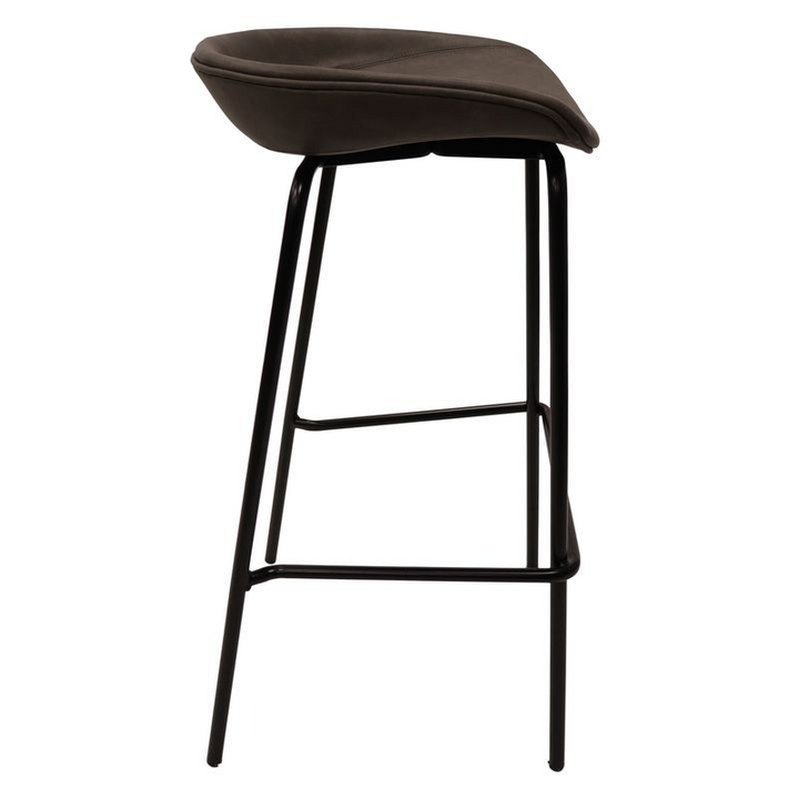 LeisureMod Servos Modern Barstool with Upholstered Faux Leather Seat and Powder Coated Iron Frame in Elephant Grey Side View.