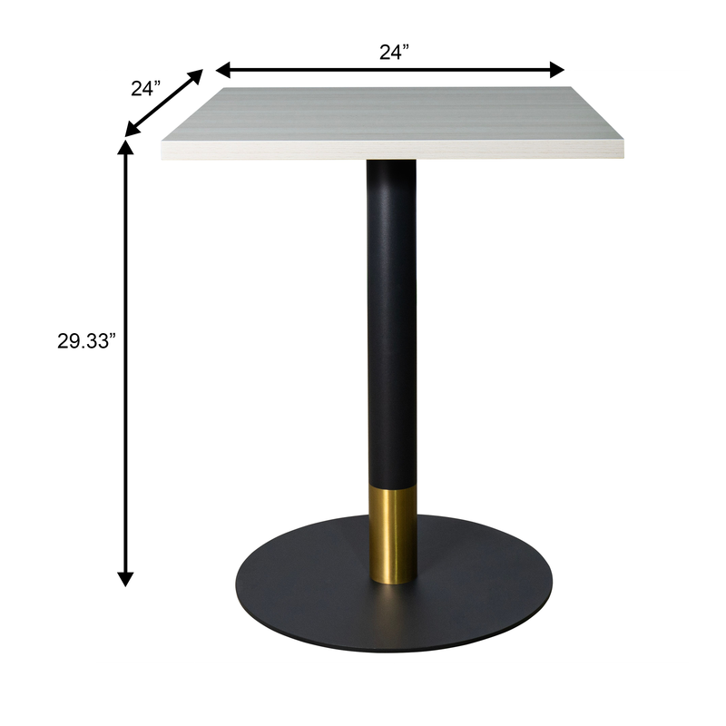 LeisureMod Vail Collection Dining Table Black/Gold Base With 24" Square Light Wood Brown MDF Top Dimensions.