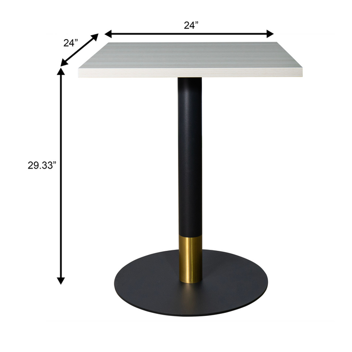 LeisureMod Vail Collection Dining Table Black/Gold Base With 24" Square Light Wood Brown MDF Top Dimensions.