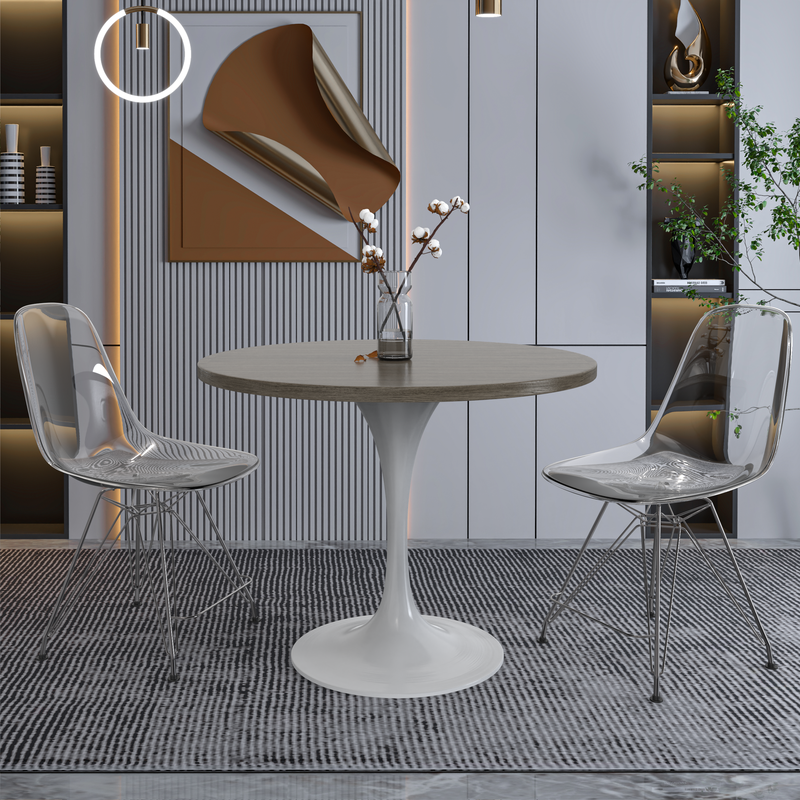 LeisureMod Verve Collection 36 Round Dining Table, White Base with Dark Maple MDF Top with Chairs.