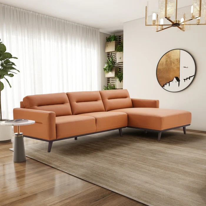 Ella L-Shaped Cognac PU Leather Right Sectional Couch Right Angled View