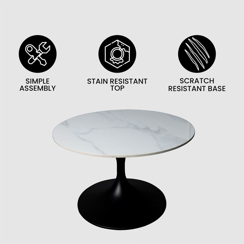 LeisureMod Verve Coffee Table Black Base with 27" round White Sintered Stone Top Details.