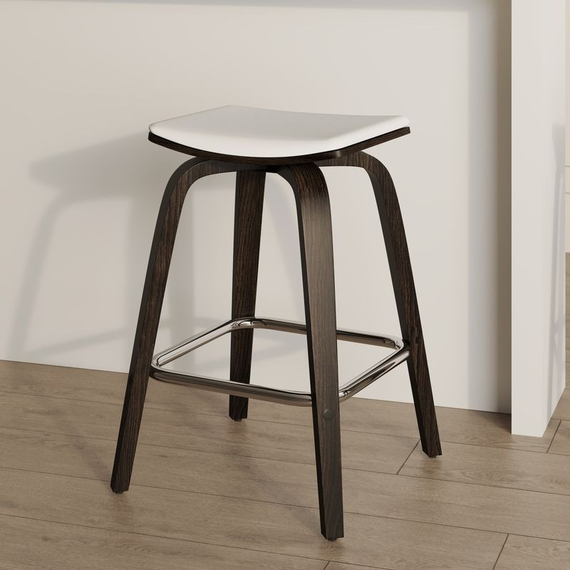 LeisureMod Wooden Counter Stool Square Seat Pelya Collection Modern Style Dark Walnut Color in White in Room.