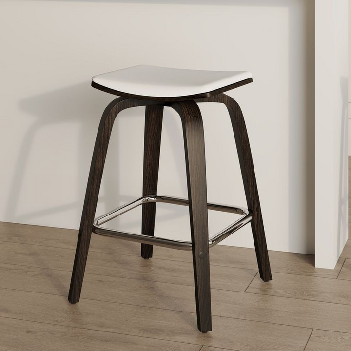 LeisureMod Wooden Counter Stool Square Seat Pelya Collection Modern Style Dark Walnut Color in White in Room.
