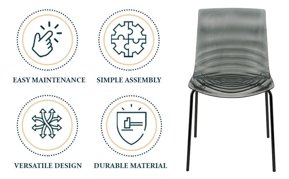 Gray chair with icons and text highlighting features like easy maintenance, simple assembly, versatile design, and durable material.