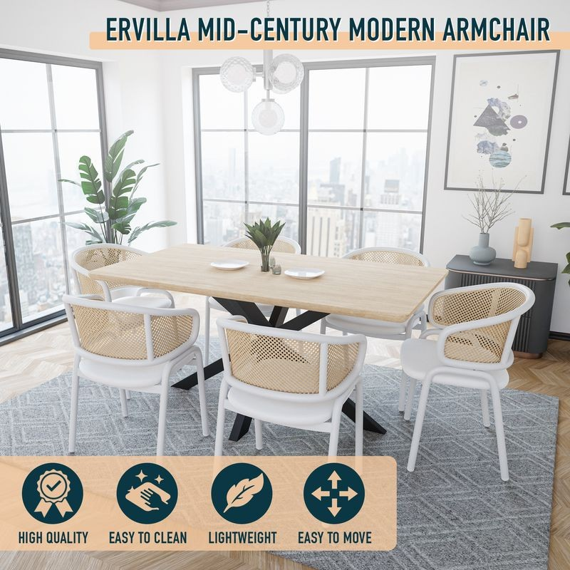 Leisuremod Ervilla Modern Dining Chair with White Powder Coated Steel Legs and Wicker Back White at Table.