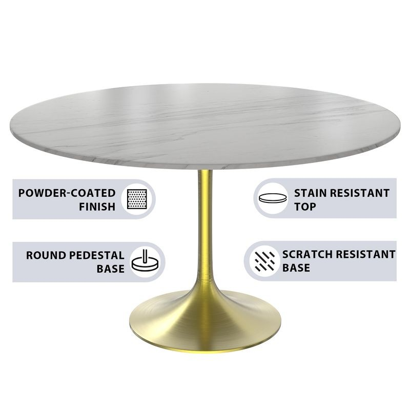 LeisureMod Verve Collection 48 Round Dining Table, Brushed Gold Base with Sintered Stone White Top Details.