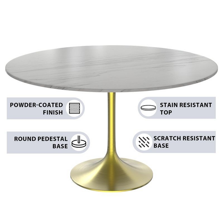 LeisureMod Verve Collection 48 Round Dining Table, Brushed Gold Base with Sintered Stone White Top Details.