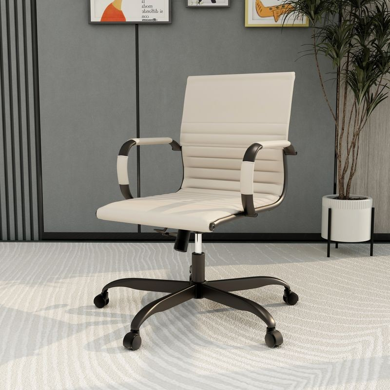 LeisureMod Harris Leather Home Office Chair in Tan with Black Frame with Background.