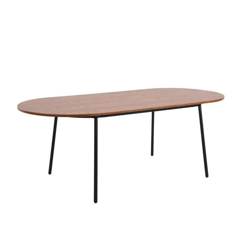 LeisureMod Tule Modern 83" Oval Dining Table with MDF Top and Black Steel Legs in Walnut