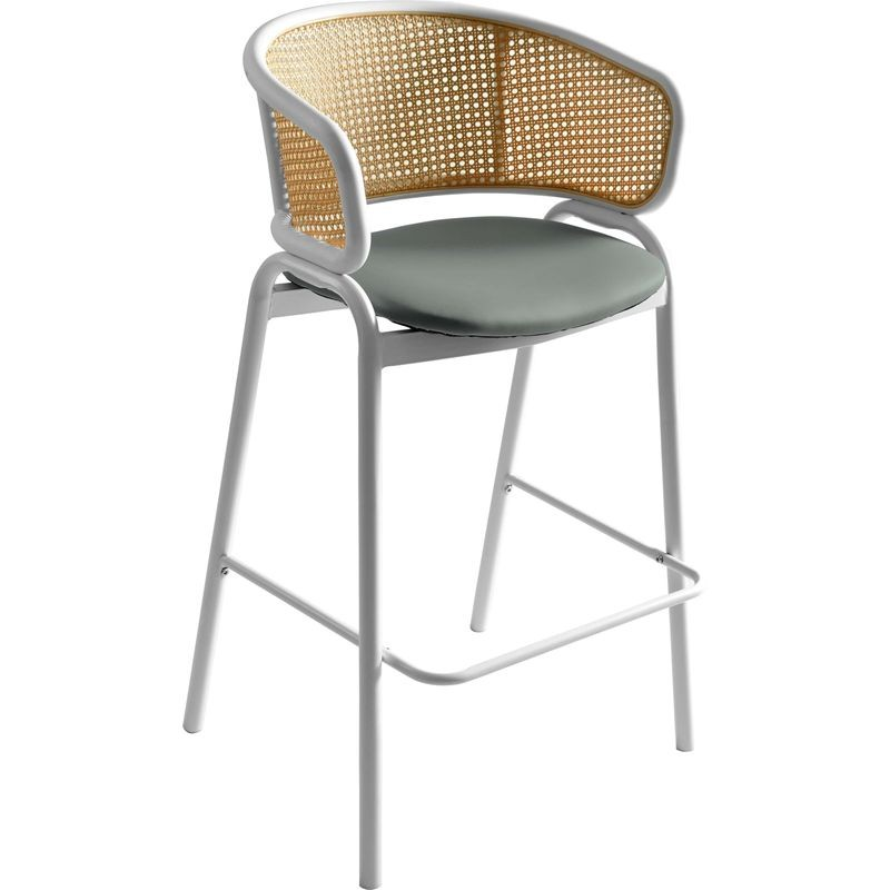 LeisureMod Ervilla Wicker Bar Stool with Fabric Seat and White Steel Frame in Grey Leather