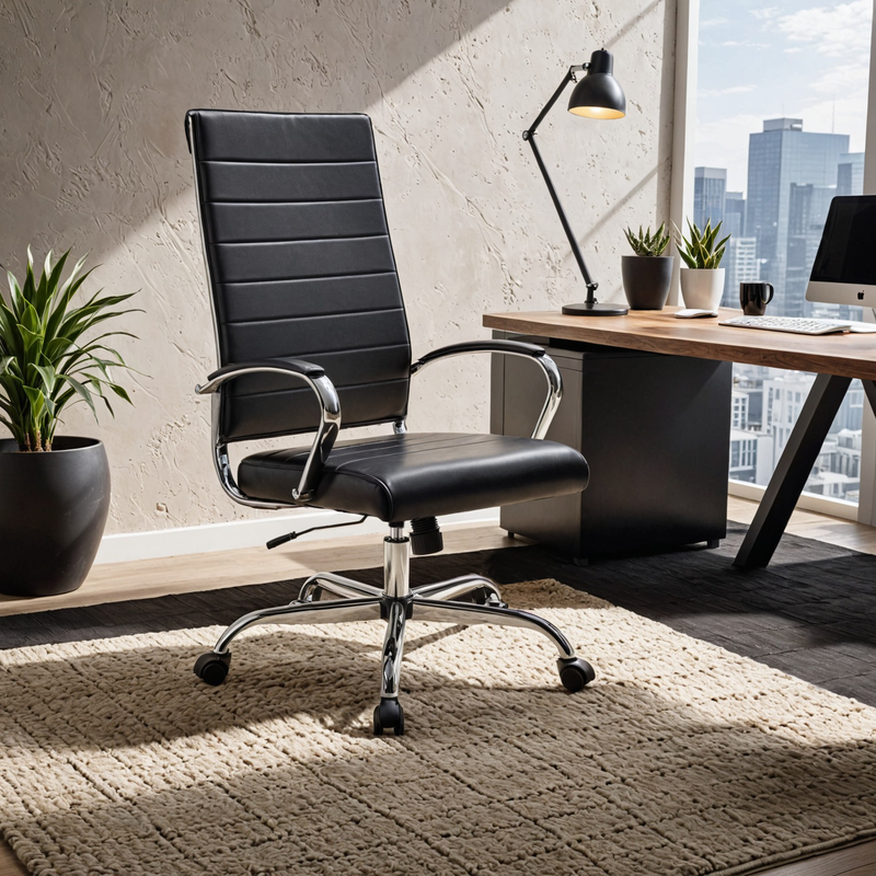LeisureMod Benmar High-Back Leather Office Chair Black at Desk.