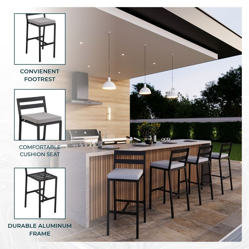 LeisureMod Chelsea Collection Modern Aluminum Outdoor Bar Chair in Black with Light Grey Cushions Description at Bar.