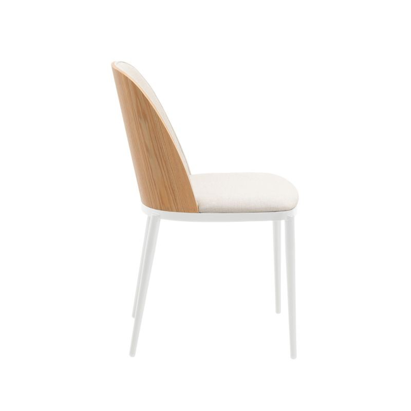 LeisureMod Tule Mid-Century Modern Dining Side Chair with Velvet Seat and White Powder-Coated Steel Frame Natural Wood/Beige Side View.