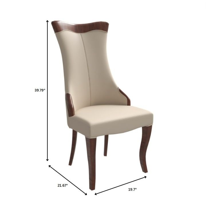 Beige chair with brown accents and dimensions on a white background.