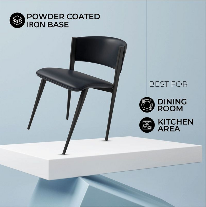 Black chair with powder-coated iron base on a light blue background.