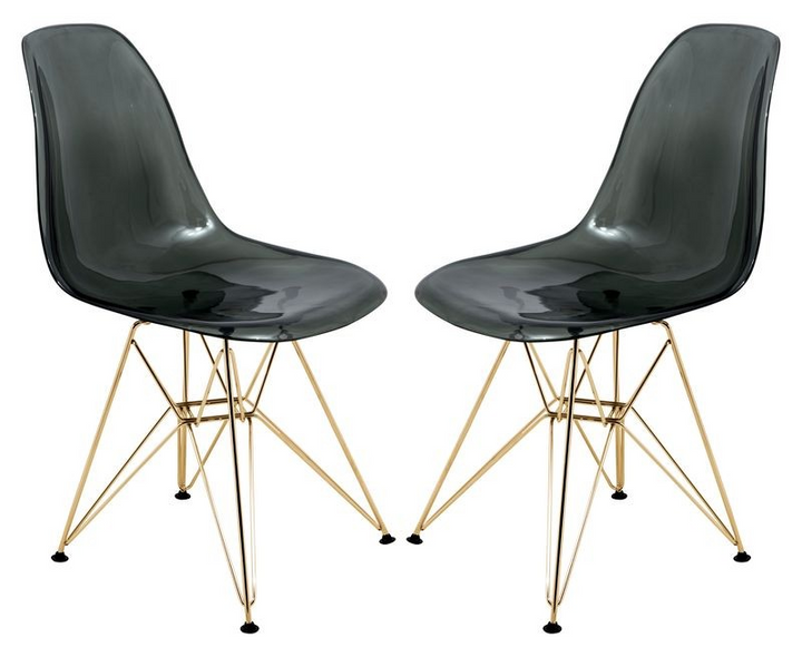 LeisureMod Cresco Molded Eiffel Side Chair with Gold Base, Set of 2 Transparent Black