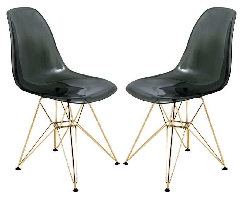 LeisureMod Cresco Molded Eiffel Side Chair with Gold Base, Set of 2 Transparent Black