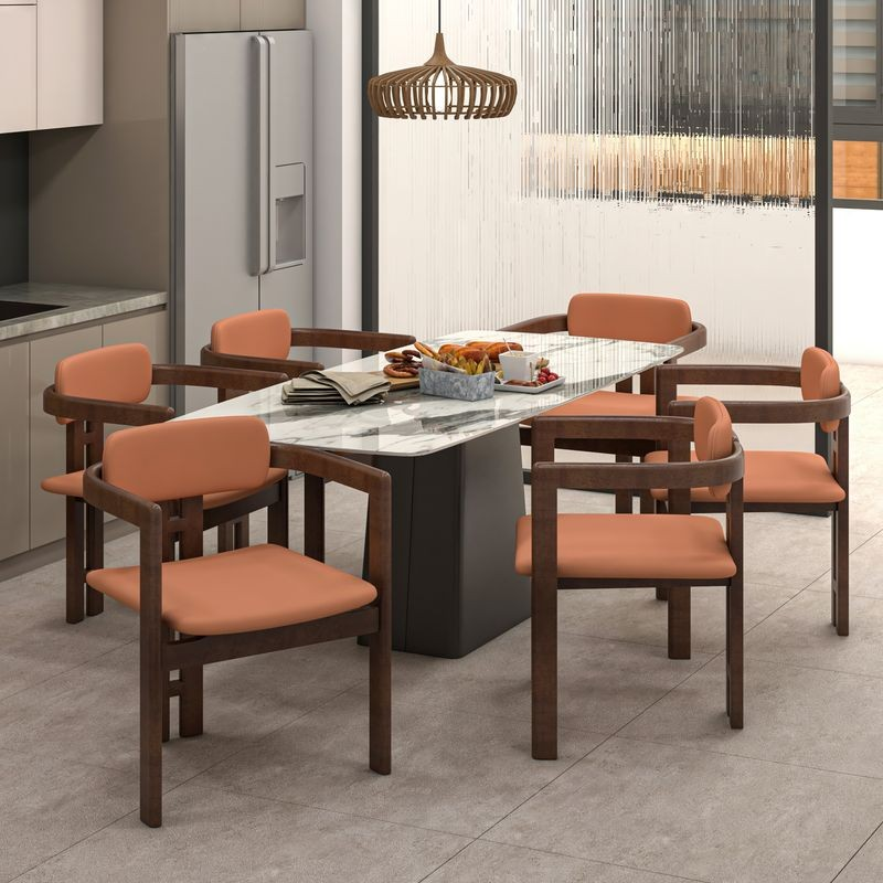 LeisureMod Velo Series Modern Dining Chair in Black Walnut Wood with Dark Brown Seat at Table.