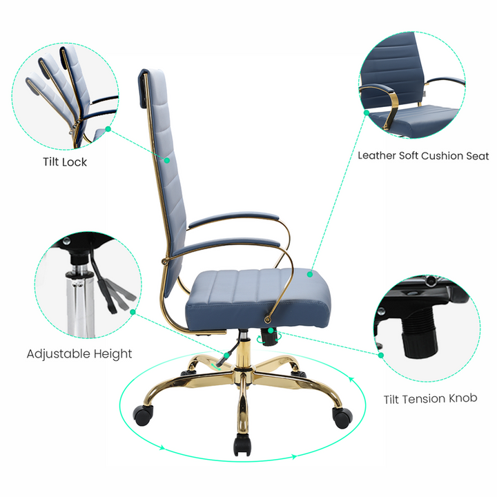 Blue office chair with features highlighted on a white background.