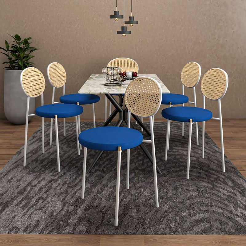 LeisureMod Euston Collection Modern Dining Chair White Frame in Navy Blue Set of 2 at Table.
