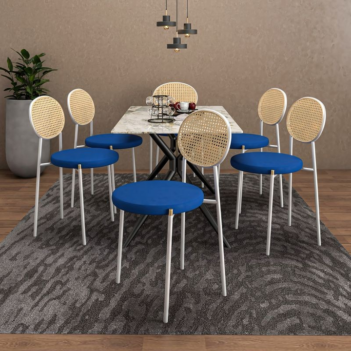 LeisureMod Euston Collection Modern Dining Chair White Frame in Navy Blue Set of 2 at Table.