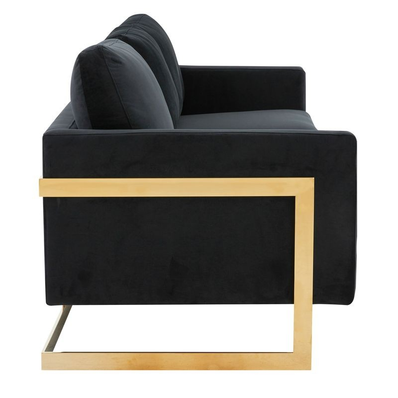 LeisureMod Lincoln Modern Mid-Century Upholstered Velvet Sofa with Gold Frame Black Side View.