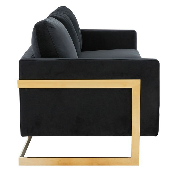 LeisureMod Lincoln Modern Mid-Century Upholstered Velvet Sofa with Gold Frame Black Side View.