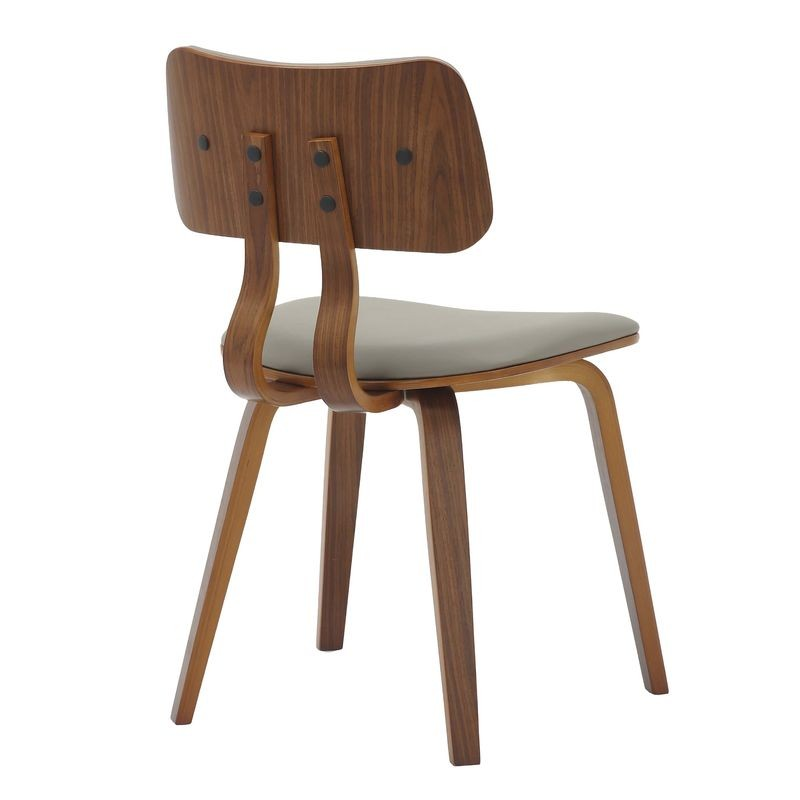 LeisureMod 5-Piece Dining Set with Round Wooden Table in Natural Wood and 4 Leather Dining Chairs in Walnut/Light Grey Back of Chair.