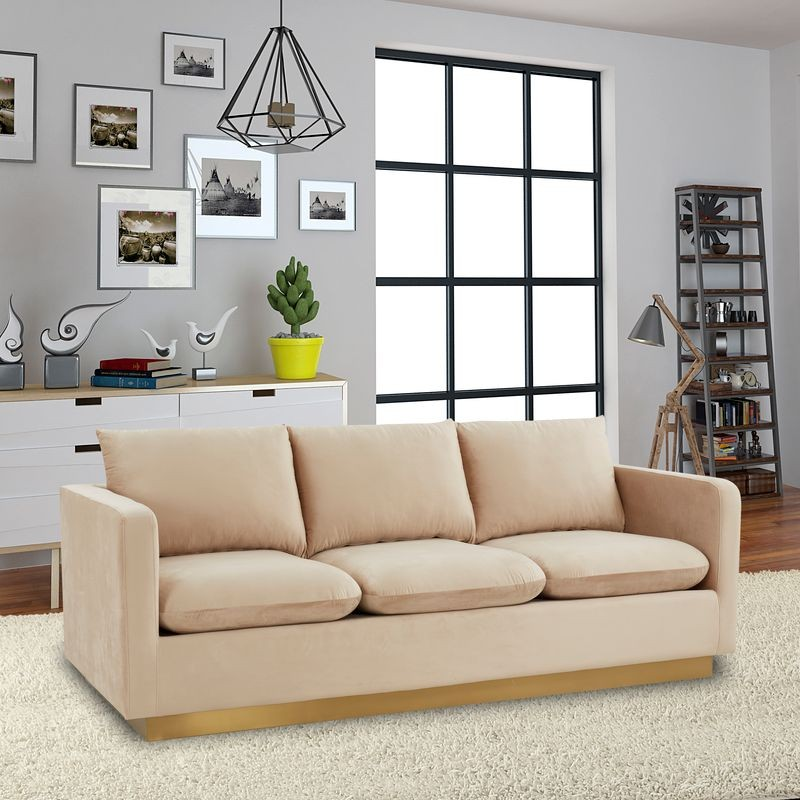 LeisureMod Nervo Modern Mid-Century Upholstered Velvet Sofa with Gold Frame Beige with Background.