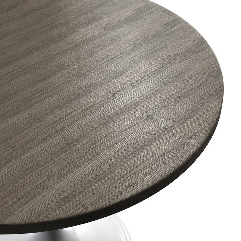 LeisureMod Verve Collection 36 Round Dining Table, White Base with Dark Maple MDF Top View.