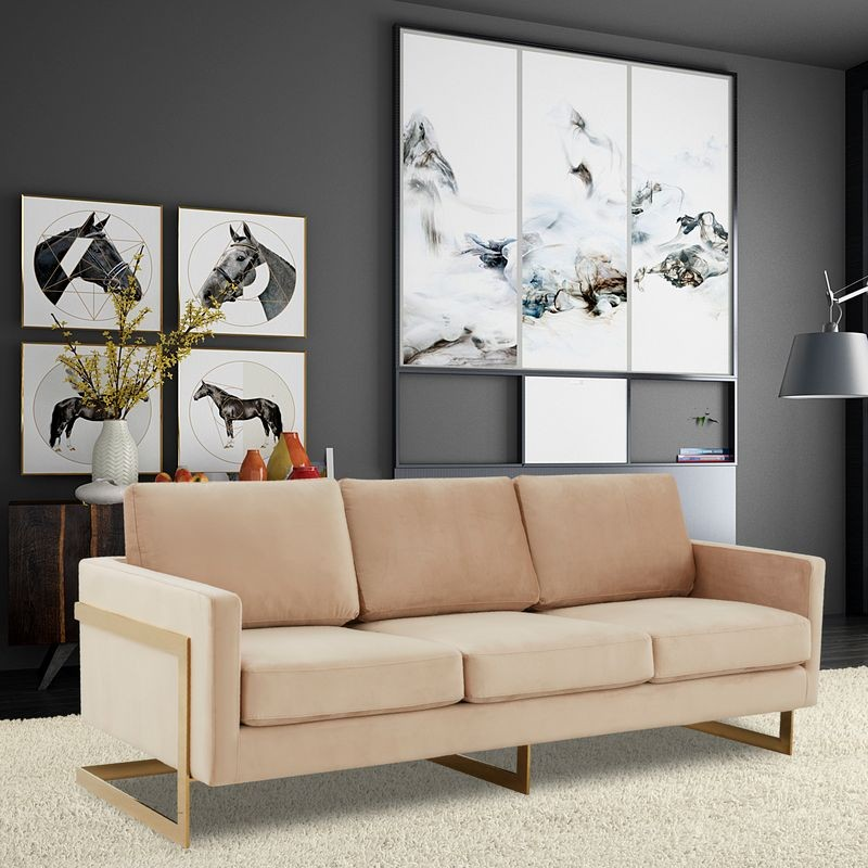 LeisureMod Lincoln Modern Mid-Century Upholstered Velvet Sofa with Gold Frame Beige with Background.