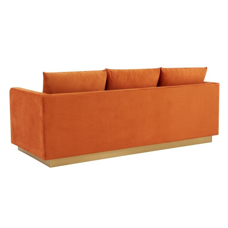 LeisureMod Nervo Modern Mid-Century Upholstered Velvet Sofa with Gold Frame Orange Marmalade Back View.