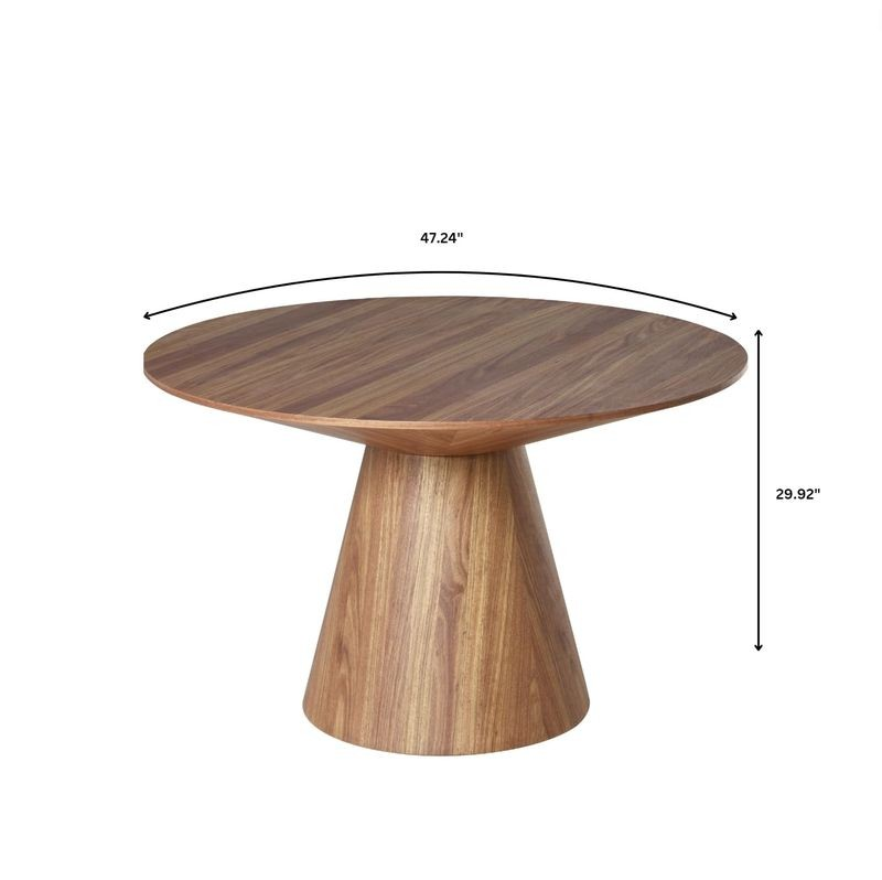 LeisureMod 5-Piece Dining Set with Round Wooden Table in Natural Wood and 4 Leather Dining Chairs in Walnut/Light Grey Table Dimensions.