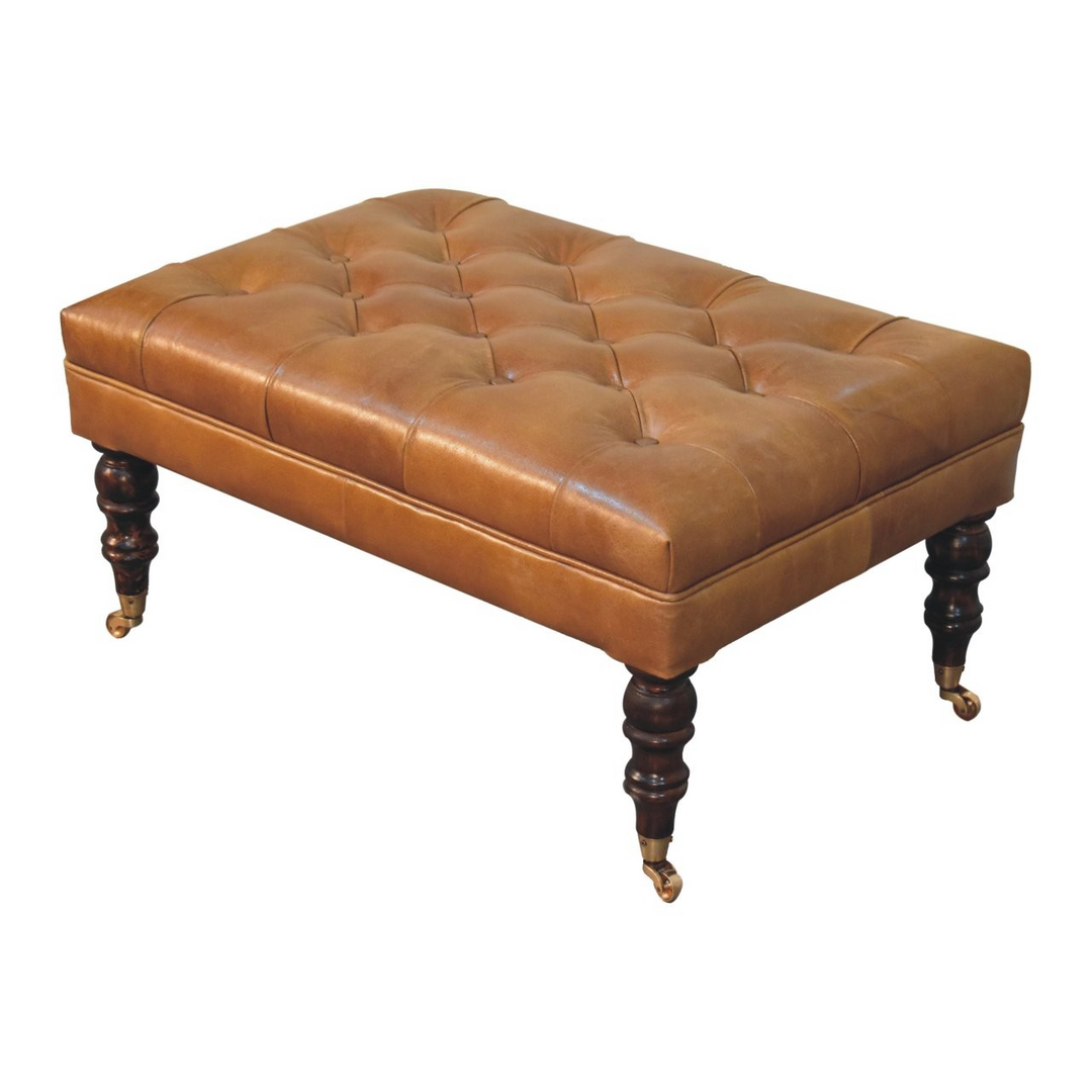 California Walnut Buffalo Tan Leather Ottoman with Castor Legs Angled View