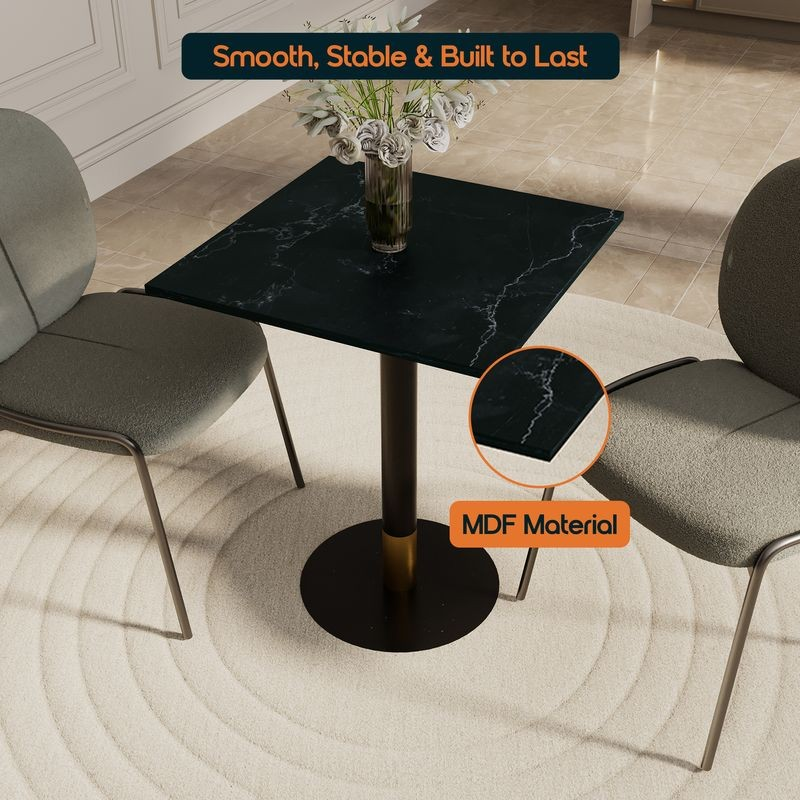 LeisureMod Vail Collection Dining Table Black/Gold Base With 24" Square Black MDF Top with Chairs.