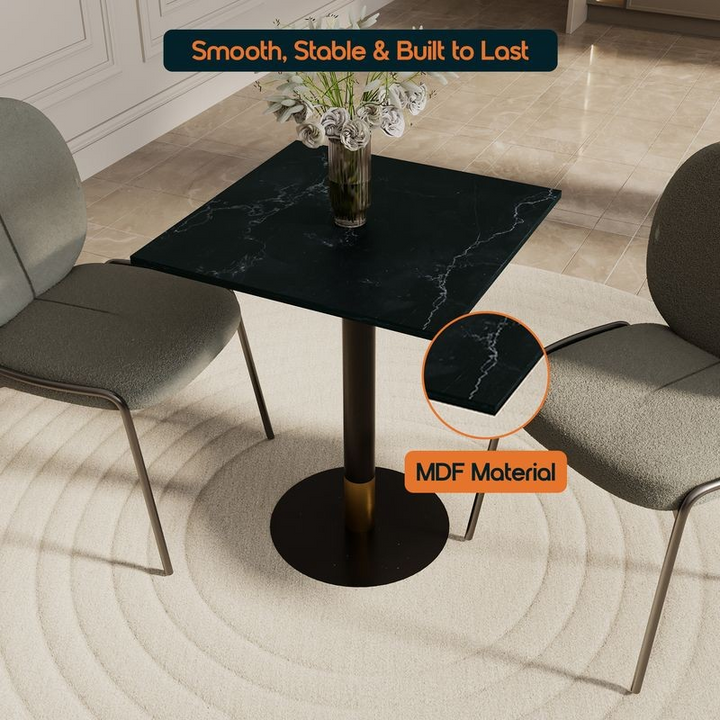 LeisureMod Vail Collection Dining Table Black/Gold Base With 24" Square Black MDF Top with Chairs.