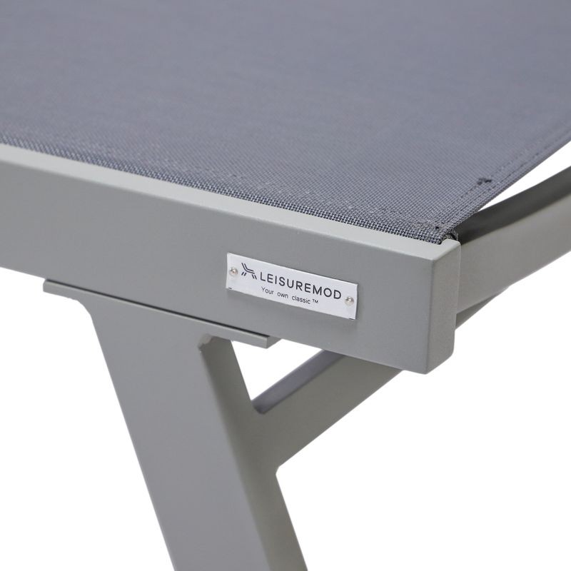 LeisureMod Marlin Patio Chaise Lounge Chair with Armrests in Grey Aluminum Frame, Set of 2 in Dark Grey Closeup.