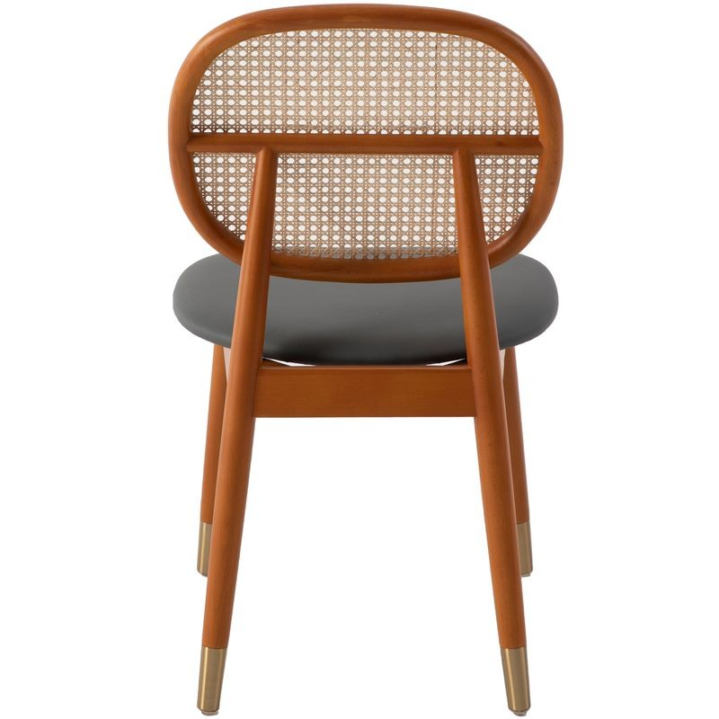 LeisureMod Holbeck Wicker Dining Chair with Upholstered Leather Seat and Beech Wood Legs Grey Back View.