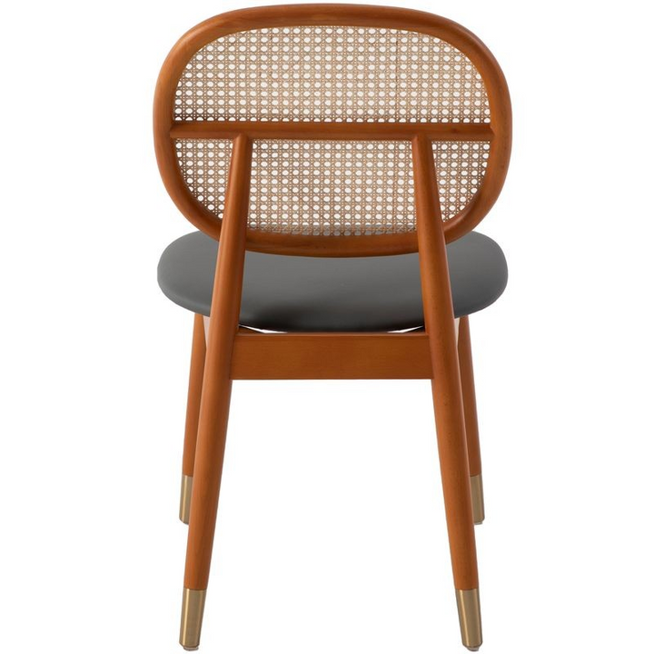 LeisureMod Holbeck Wicker Dining Chair with Upholstered Leather Seat and Beech Wood Legs Grey Back View.