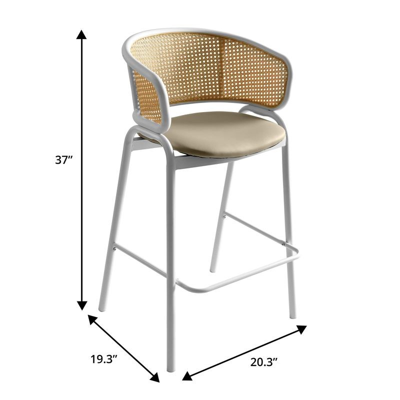 Bar stool with wicker backrest and beige cushion, shown with dimensions on a white background.