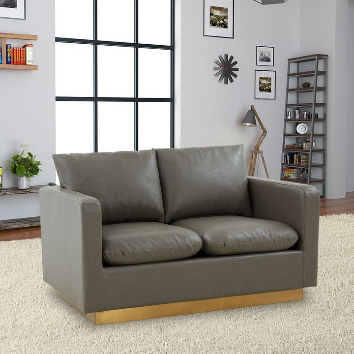 LeisureMod Nervo Modern Mid-Century Upholstered Faux Leather Loveseat with Gold Frame Grey with Background.